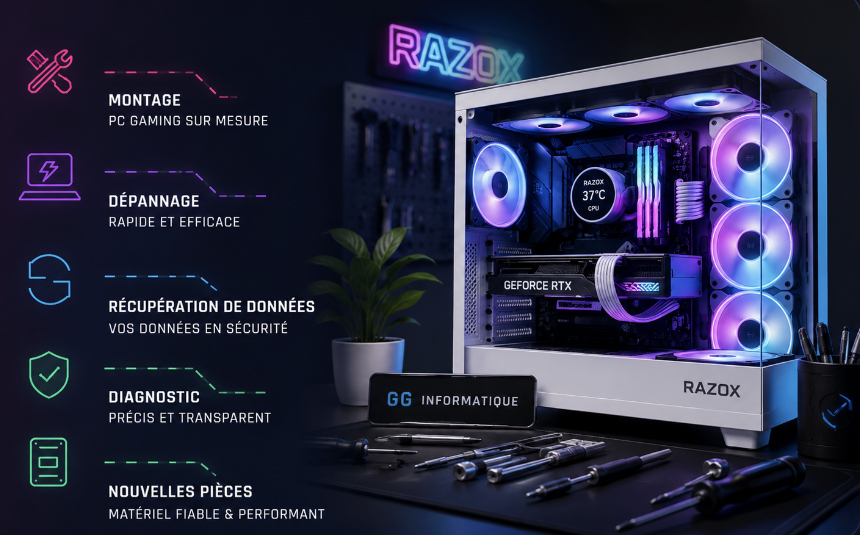 Montage PC gaming RGB & dépannage informatique à Genève — diagnostic, sauvegarde, SSD, assemblage, nouvelles pièces