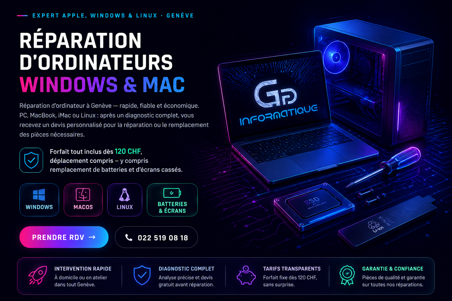 Réparation ordinateur Genève : écrans d'erreur Windows et Mac réparés par GG Informatique